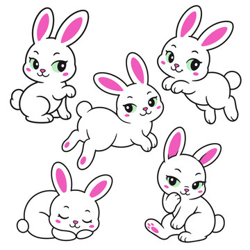 Cartoon Rabbit Mascot Collection, Five White Bunny Characters for Pet Branding, Product Packaging, Apparel and Merchandise Design