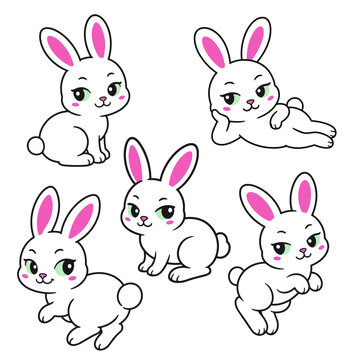 Cute White Bunny Cartoon Character Set, Adorable Rabbit Vector Collection for Kids, Stickers, Nursery Art and Children&rsquo;s Illustration