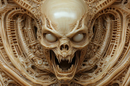 skull alien predator wood relief carving, biomechanical fanged face in beige, photorealistic