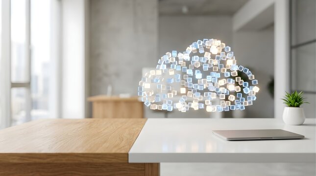 Digital cloud computing symbol floating over a modern office desk