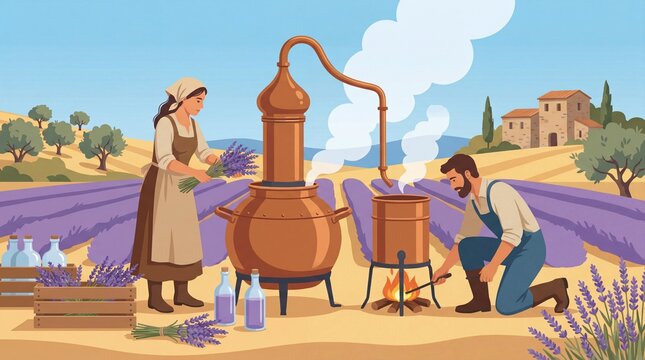 couple distilling lavender in a field using traditional methods for essential oil production