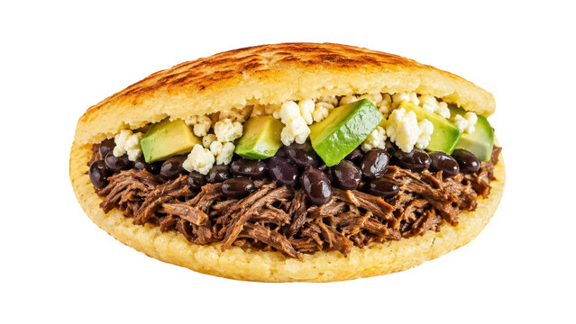 Arepa Stuffed with Shredded Beef Black Beans Avocado and Cheese