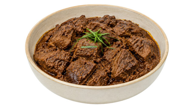 Beef Rendang Meat Stew in Ceramic Bowl on Transparent Background