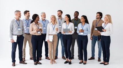Obraz premium A diverse group of twelve professionals stand together, dressed in business attire, with lanyards around their necks. They are diverse in age, gender, and ethnicity.