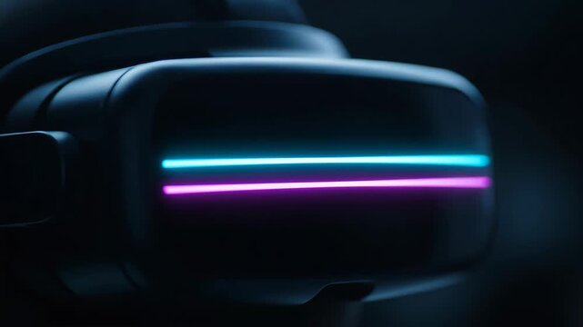 A close-up shot of a VR headset, with two glowing horizontal lines. The lines are blue and pink. The headset is dark