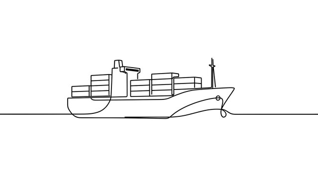 Simple line art cargo ship white background.