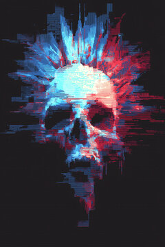 skull glitch art, tiny cyan red skull with spiked pixel crown on black, illustration