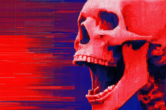 skull pixel art, bright red screaming skull profile with horizontal streaks, illustration