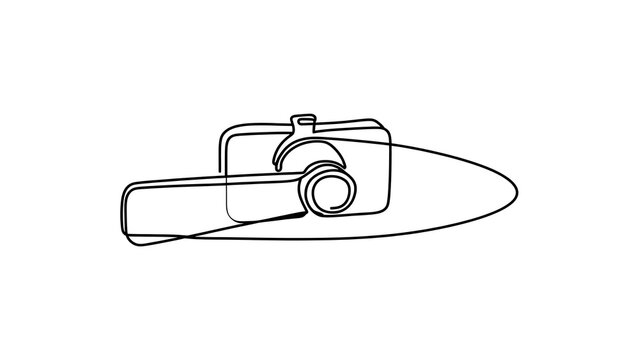 Minimalist camera line art illustration white background.