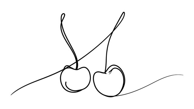 Minimalist line drawing of two cherries white background.