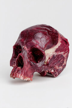 skull raw meat sculpture, marbled red flesh formed as human cranium, photorealistic
