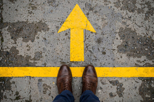 Brown leather shoes standing on wet asphalt with a bright yellow arrow pointing forward, top view, ideal for business strategy, forward movement and career progression concepts