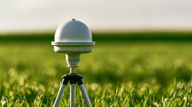 White dome sensor on a tripod in a green field, environmental monitoring for precision agriculture