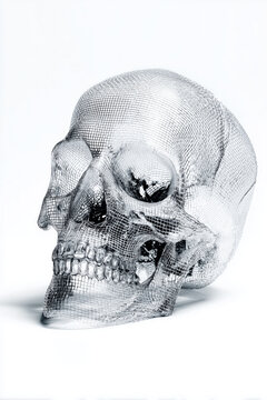 skull wire mesh sculpture, silver transparent grid head in side view, photorealistic