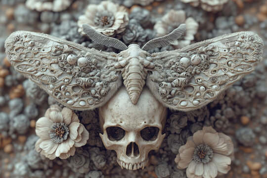 skull with moth, pale death head moth above carved floral skull, photorealistic