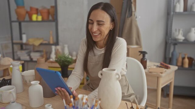 Hispanic woman holds tablet with hand while smiling and tapping screen among pottery vases and brushes on studio table; creativity calm.
