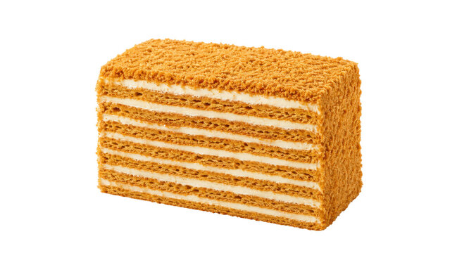Honey Cake Slice with Multiple Cream Layers on Transparent Background