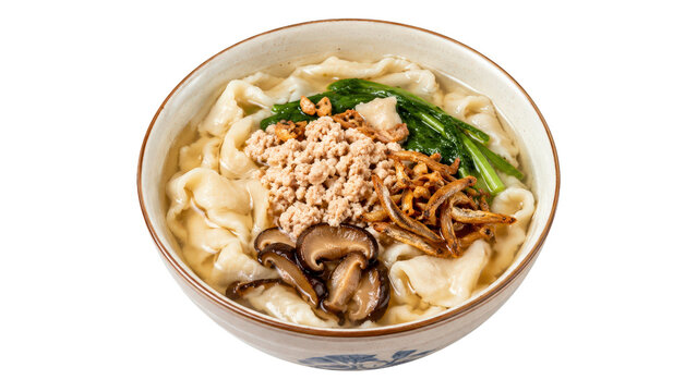 Pan Mee Noodle Soup with Minced Meat and Mushrooms in a Bowl