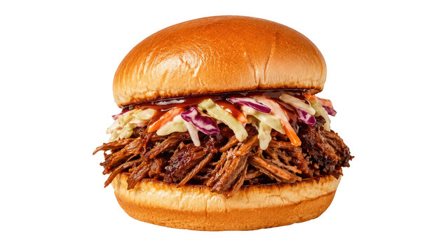 Pulled Pork Burger with Coleslaw and BBQ Sauce on a Brioche Bun