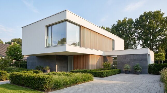 Modern Luxury Minimalist Residential Villa with Sleek Architectural Design and Lush Green Landscaped Garden Exterior