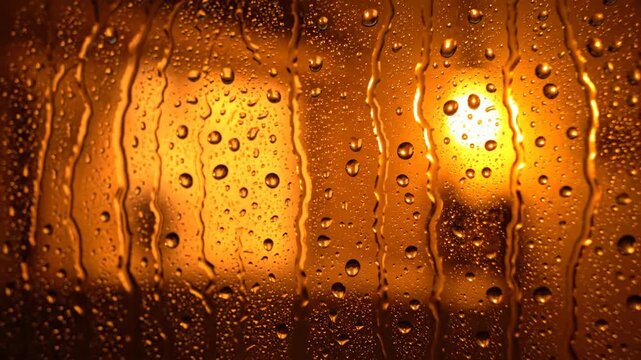 Golden-hued, water-covered glass with numerous droplets and streaks, creating a warm, cozy effect. A faint light source is visible behind