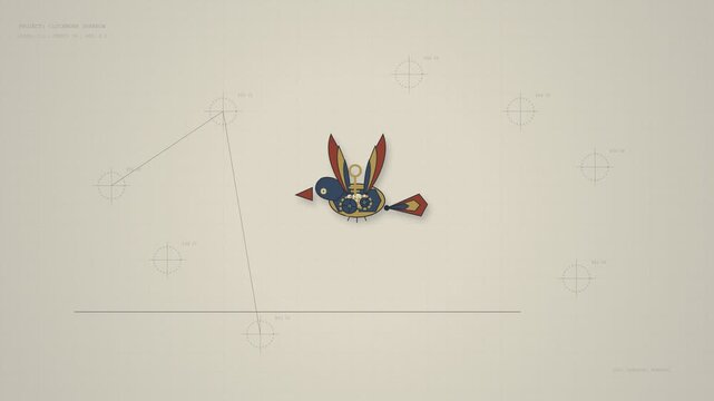 Technical Blueprint of Mechanical Bird Assembly and Flight Path Schematic on Aged Grid Paper