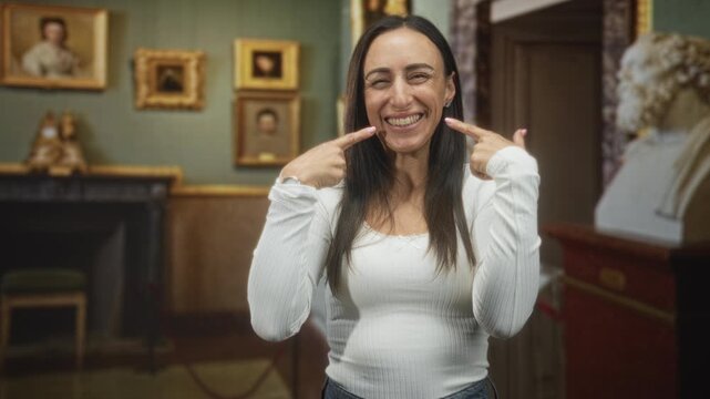 Hispanic woman pointing fingers to smile inside ornate building with framed paintings and statue; happiness confidence playfulness.