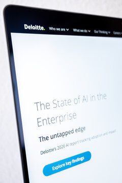 Mexico city, mexico, 02 16 2026: deloitte website displaying ai in the enterprise report