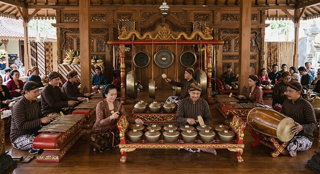 Traditional Indonesian Gamelan Orchestra
Performing in an Ornate Wooden Pavilion