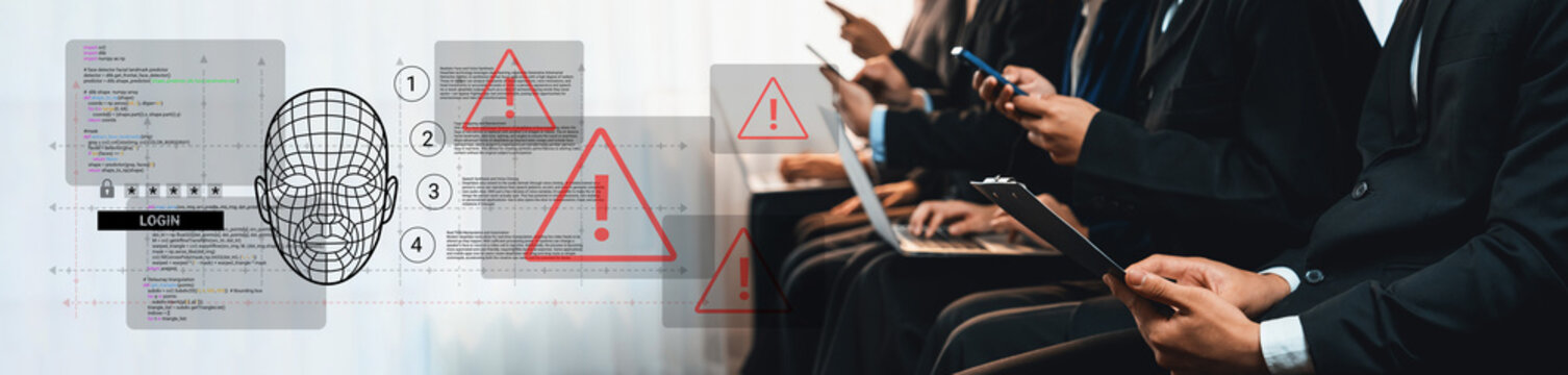 A diverse group of business professionals interacts with mobile devices, showcasing facial recognition technology alongside warning alerts in a contemporary workspace. Ledger