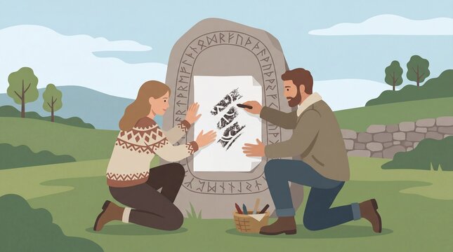 Couple carving runes on stone in scenic outdoor setting for cultural heritage project