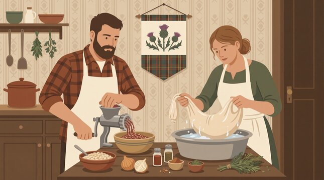 Couple preparing traditional Scottish haggis in cozy kitchen setting