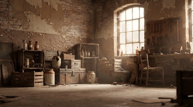 Sunlight shining into old abandoned rustic workshop with peeling brick wall, wooden crates, dusty bottles, and workbench, vintage interior background.