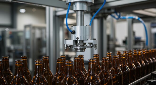 Brown bottles filling automation machine in factory production line process control