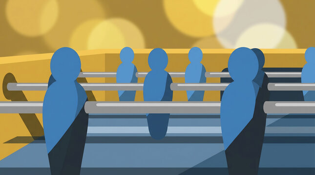 Modern stylized blue foosball players on glossy field with warm golden bokeh background, low angle view, concept for team building, office leisure and competitive gaming promotion