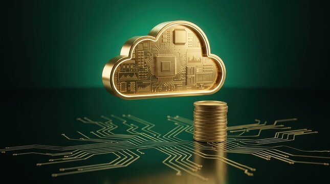 Golden Cloud Computing Icon with Circuit Board Pattern and Stack of Coins Isolated on Solid Green Background, Fintech and Data Storage Concept