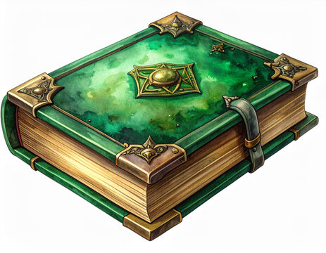 ファンタジー風の緑色の魔法書・魔導書のイラスト/Fantasy green magic book grimoire watercolor illustration
