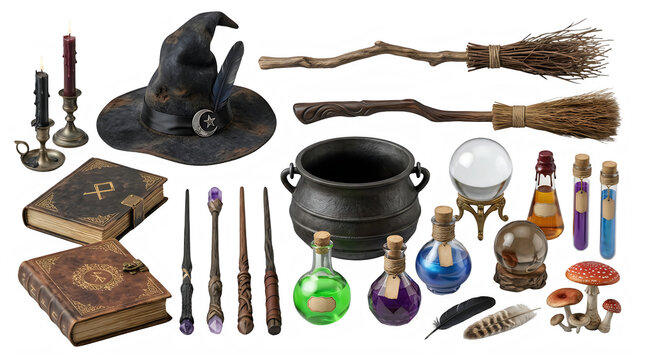 Witchcraft magic items, wizard hat and cauldron, potion bottles and spell books Halloween