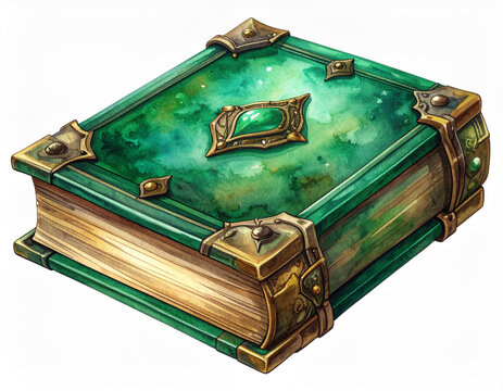 ファンタジー風の緑色の魔法書・魔導書のイラスト/Fantasy green magic book grimoire watercolor illustration