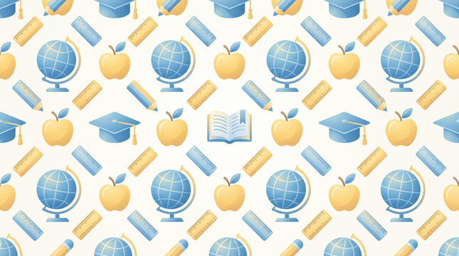 School icons seamless pattern features globes, graduation caps, and apples in pastel colors.