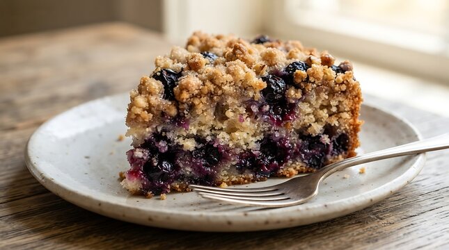 A slice of homemade blueberry buckle served on a rustic plate with a silver fork, showcasing a moist crumb cake packed with fresh berries and streusel.