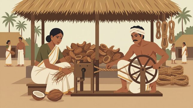 Couple making coir rope in traditional Sri Lankan setting with coconut husks