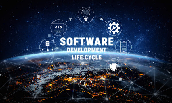 Software Development Life Cycle Concept Visualized with Abstract Global Technology Interface Over Earth from Space Quark.