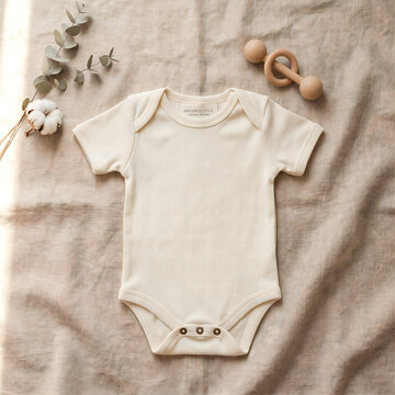 Cream colored organic cotton baby bodysuit with wooden rattle