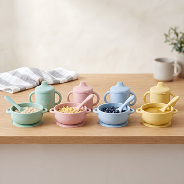 Colorful silicone baby bowls and sippy cups with food