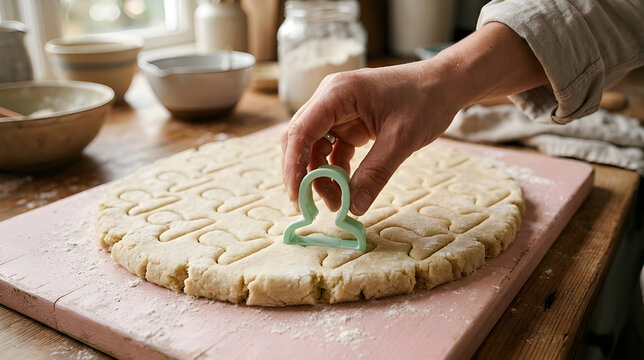 Uniform identity; a hand using a pastel cookie cutter to stamp a profile avatar from physical dough.