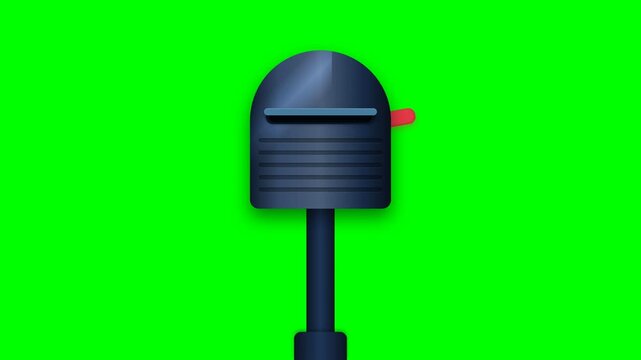 Standard blue metal mailbox on post with red flag for mail delivery on green screen background