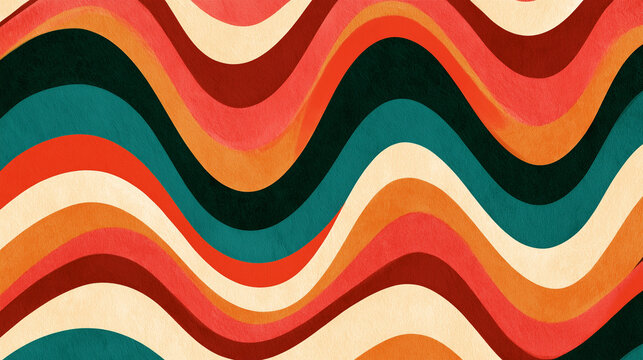 Bold retro groovy wave pattern in red, orange and teal, vintage 1970s abstract background