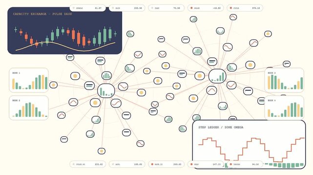 Serverless computing interface displays a digital network of expanding nodes and rising candle charts on a light cream surface representing complex system flow and data scaling cycles