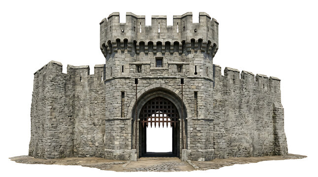 Isolated Stone Medieval Castle Gatehouse Featuring Fortified Battlements and Portcullis